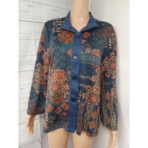 Shana Apparel Womens Top Sz M Floral Blue Button-Up Long Sleeve NWT